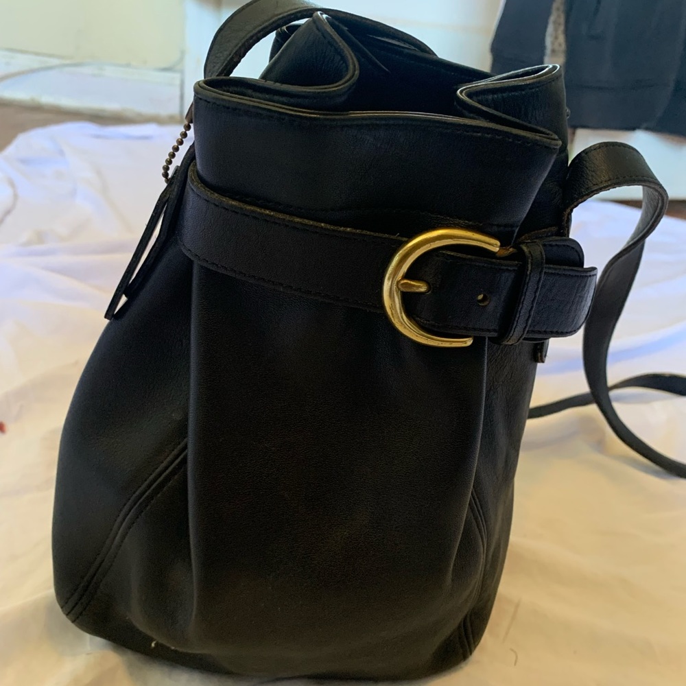 Genuine Black Leather Vintage Coach Bucket Crossbody Bag
